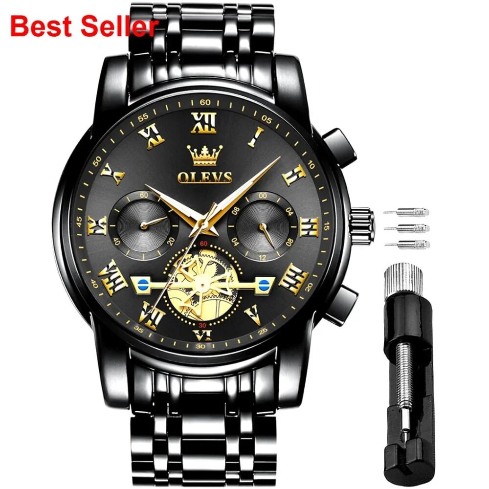 Stainless Steel Waterproof Chronograph Watch with Luminous Hands